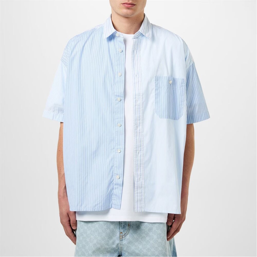 HUGO BOSS Shirt Mens Large White Blue Stripe Short Sleeve Relaxed DREW $178